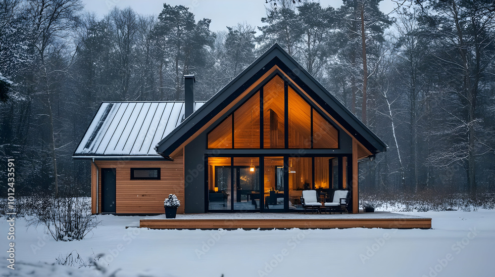 Cozy Winter Cabin Photo - Snow, Forest, Evening, Warm Light, Architecture Cozy Winter Cabin Photo - Snow, Forest, Evening, Warm Light, Architecture