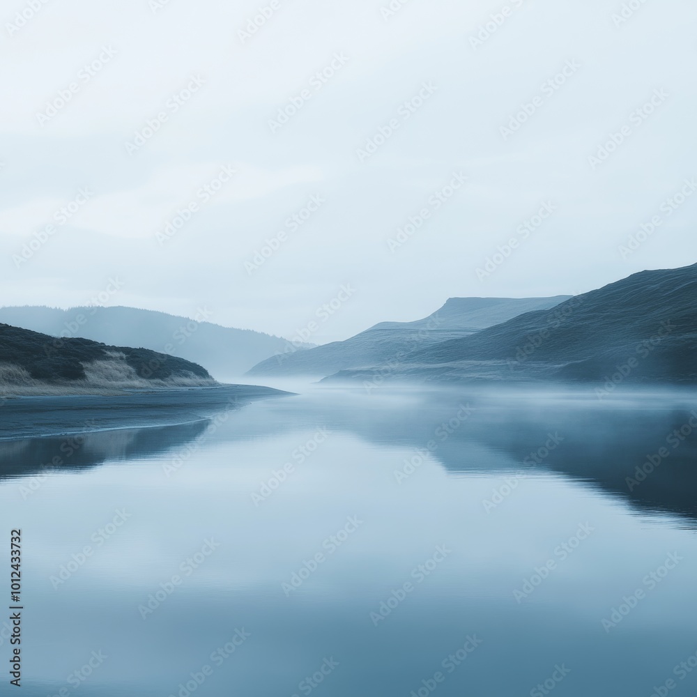 Misty Morning Landscape with Mountains and Calm Water Reflection
