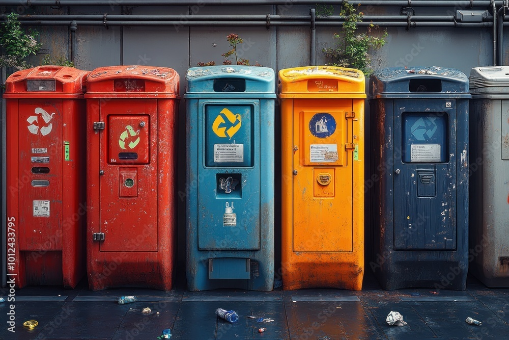 Five colorful recycling bins with different recycling symbols stand in a row on a sidewalk, with some litter in front of them. Five colorful recycling bins with different recycling symbols stand in a row on a sidewalk, with some litter in front of them.