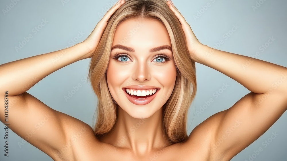 Obraz premium A woman radiant skin, perfectly smooth and glowing, her underarms highlighted as clean and flawless, promoting deodorant and epilation benefits in a natural beauty concept.