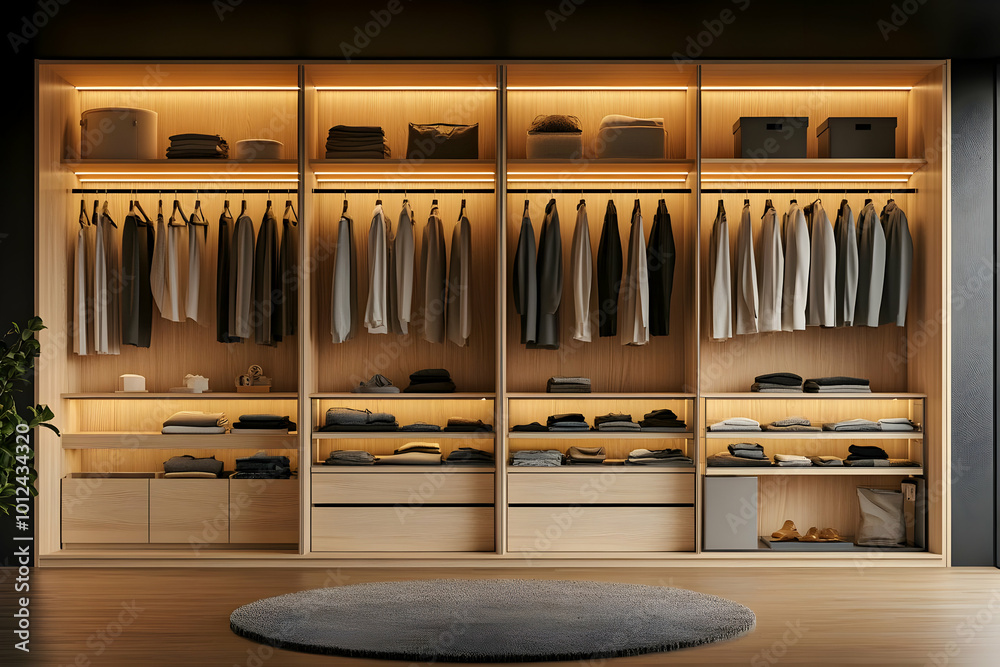 Illustration of Modern Walk-In Closet with Wood Grain Design Illustration of Modern Walk-In Closet with Wood Grain Design