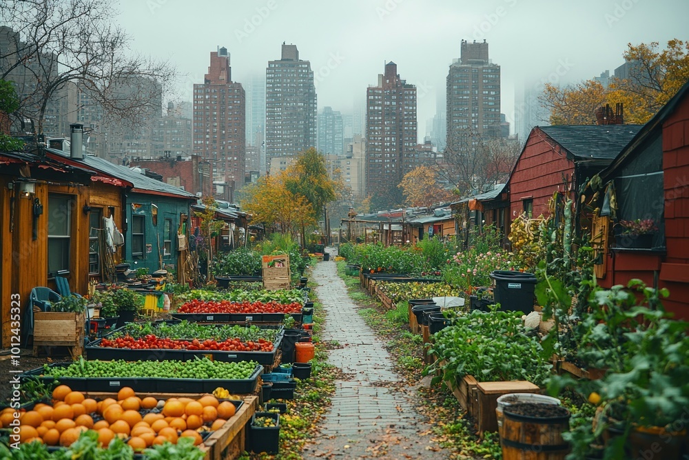 Obraz premium A community garden with rows of vegetables and pumpkins in the foreground, a pathway leads to a cluster of small houses, and a city skyline in the background.