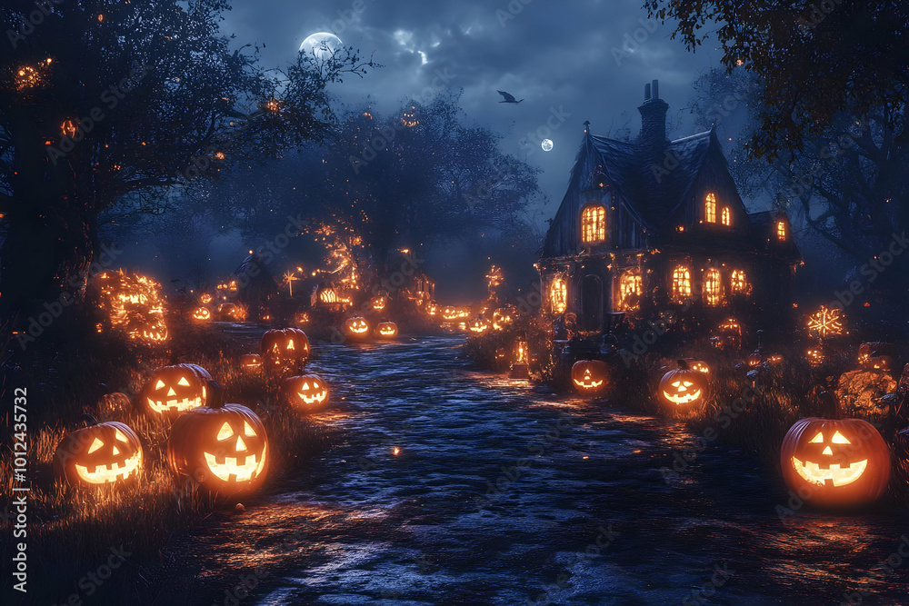 Halloween Illustration: Haunted House with Glowing Pumpkins Halloween Illustration: Haunted House with Glowing Pumpkins