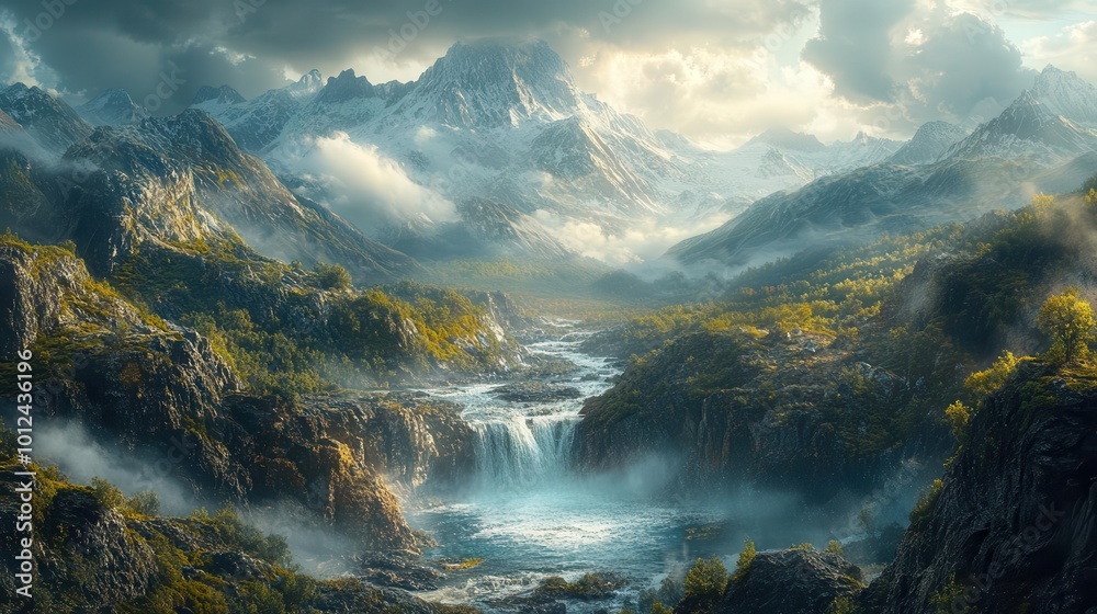 expansive rocky canyon landscape with a flowing river in the center capturing the majesty of nature and the dynamic interplay of light and shadow across the scenery expansive rocky canyon landscape with a flowing river in the center capturing the majesty of nature and the dynamic interplay of light and shadow across the scenery