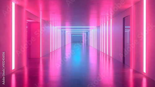 3D Illustration of a Futuristic Pink and Blue Neon Lit Hallway