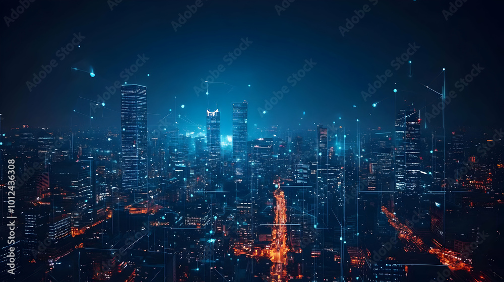 Futuristic Cityscape Illustration - Networked City at Night Futuristic Cityscape Illustration - Networked City at Night