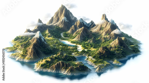 3D Illustration - Serene Island Paradise with Majestic Mountains