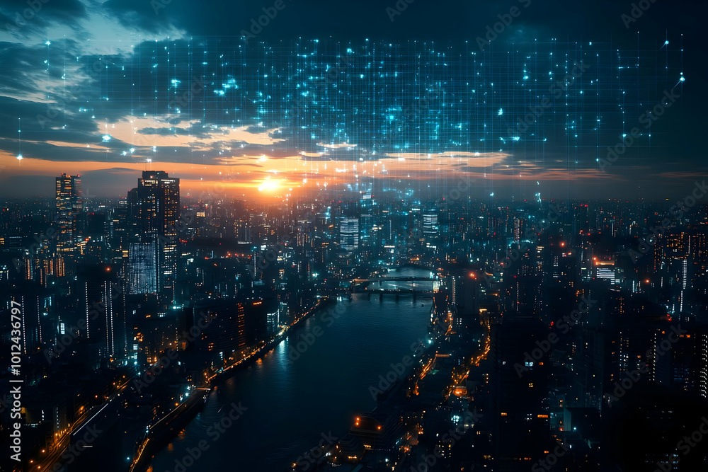 Fototapeta premium Smart City Network Illustration - Night Cityscape with Digital Grid