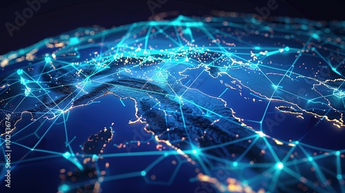 Digital Network Connections Overlapping a Detailed Earth Map