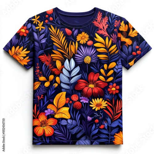 Floral Pattern Blue T Shirt Mockup   Colorful Flowers and Leaves Design photo