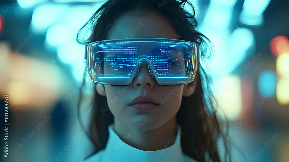 Illustration of Woman Wearing VR Headset with Futuristic City Code Display