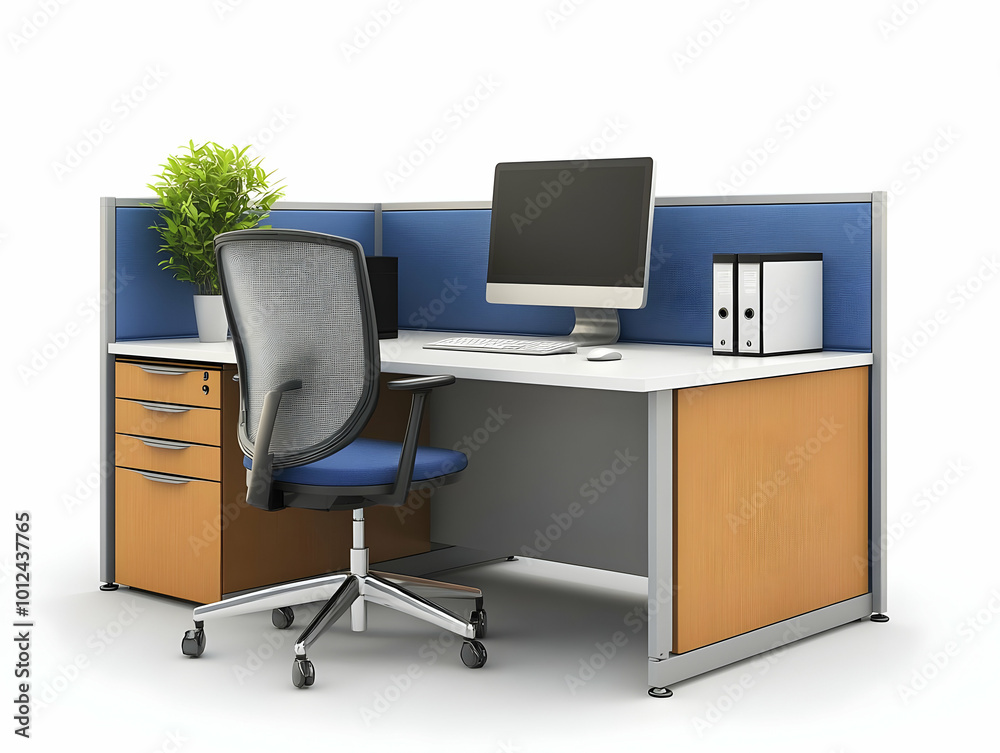 3D Illustration of a Modern Office Desk with Computer and Plant 3D Illustration of a Modern Office Desk with Computer and Plant