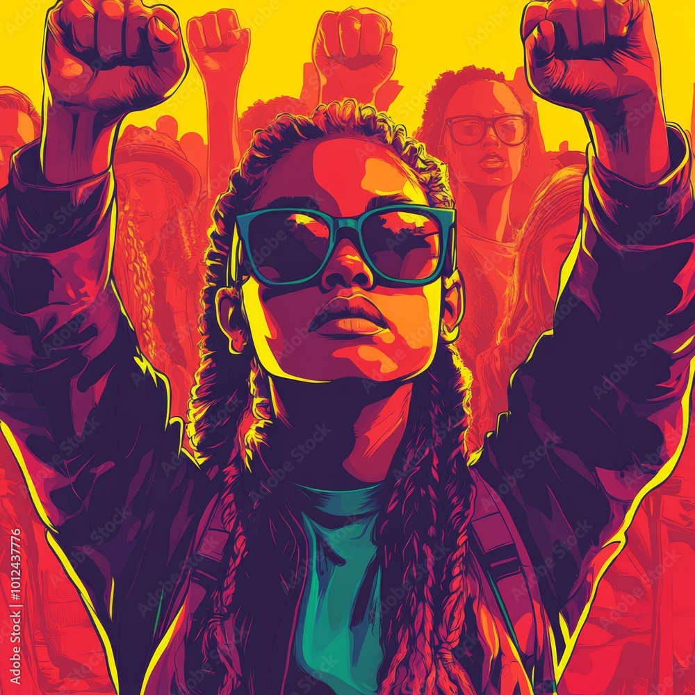 Fototapeta premium Young Woman with Raised Fist in a Crowd of Protesters