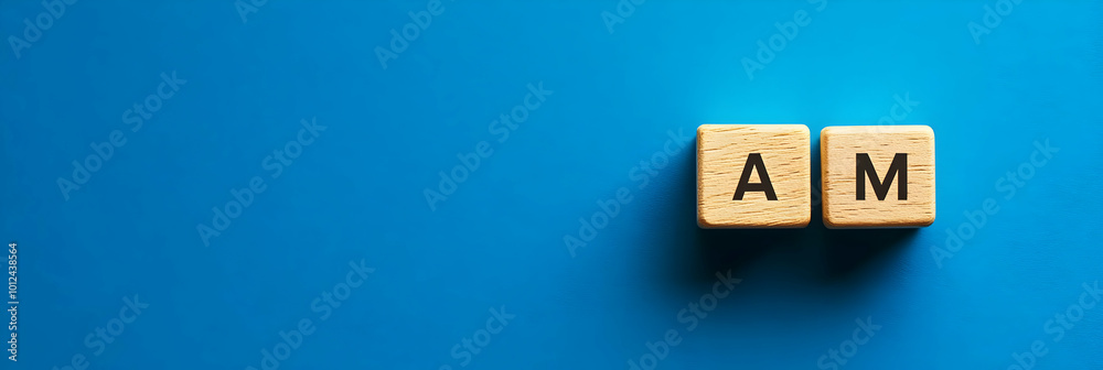 AM Wooden Cubes on Blue Background Photo AM Wooden Cubes on Blue Background Photo