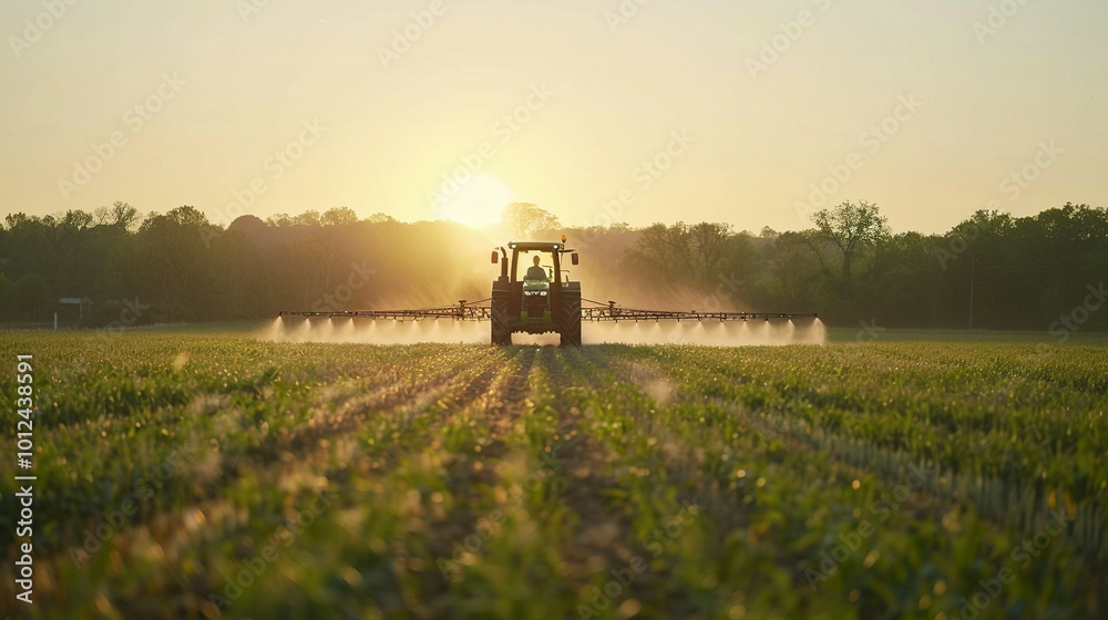 Fototapeta premium Tractor Spraying a Field of Crops at Sunset