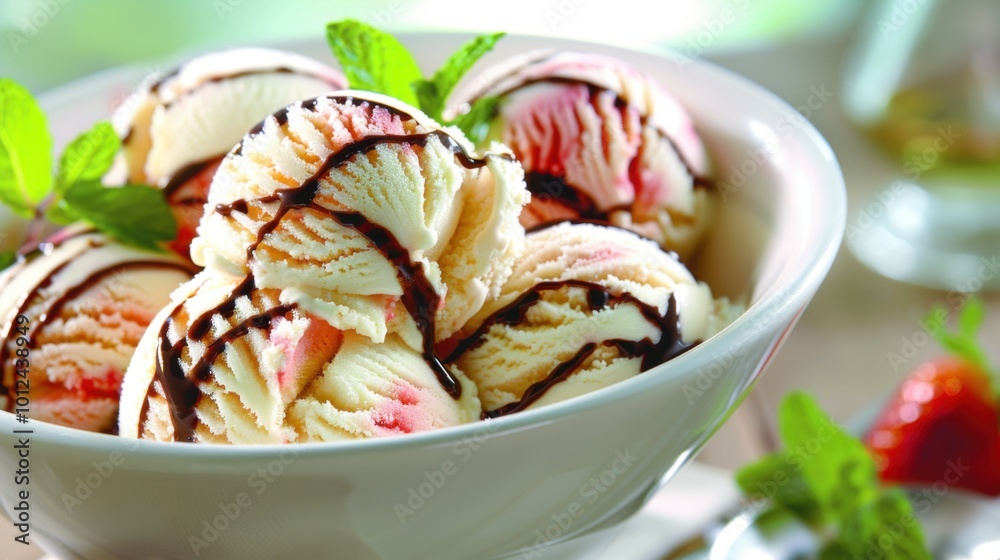 Delicious Ice Cream in Bowl with Mint Leaves Delicious Ice Cream in Bowl with Mint Leaves