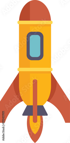 Cartoon rocket ship launching upward, propelled by flames shooting from its base