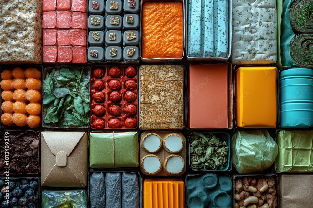 A flat lay of various colorful objects in boxes, arranged in a grid pattern. A flat lay of various colorful objects in boxes, arranged in a grid pattern.