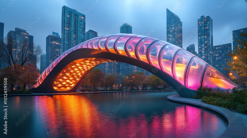Obraz premium A modern, illuminated pedestrian bridge with a unique curved design spans a reflecting pool in a city park, surrounded by tall buildings and autumnal trees.