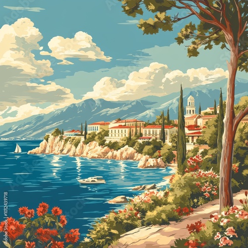 Mediterranean Coastline Village with Boats Mountains and Trees