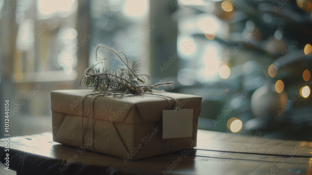 Fototapeta premium Cozy Gift with Greenery on Wooden Table