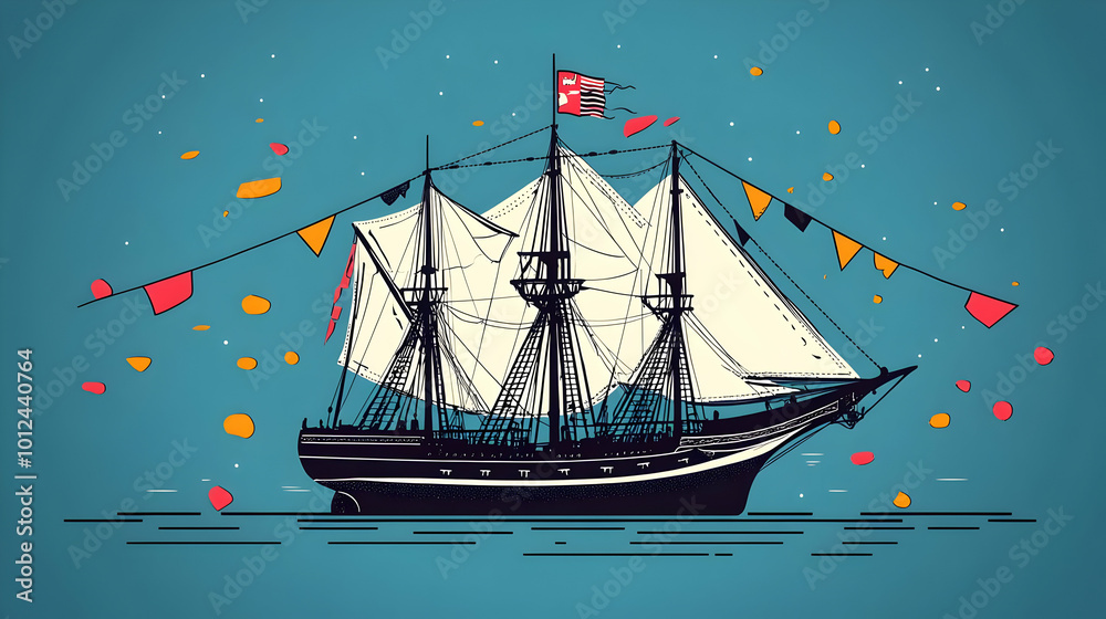 Sailing Ship with Flags and Confetti Illustration Sailing Ship with Flags and Confetti Illustration