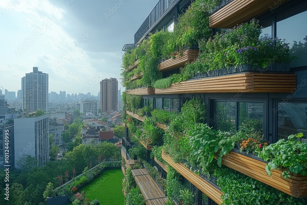 A modern building with a green wall and rooftop garden in an urban city setting. A modern building with a green wall and rooftop garden in an urban city setting.