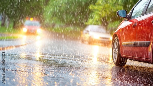 Close-up of a car wheel on wet pavement during rain, with sunset colors reflecting off the street, capturing the essence of a rainy evening in the city.