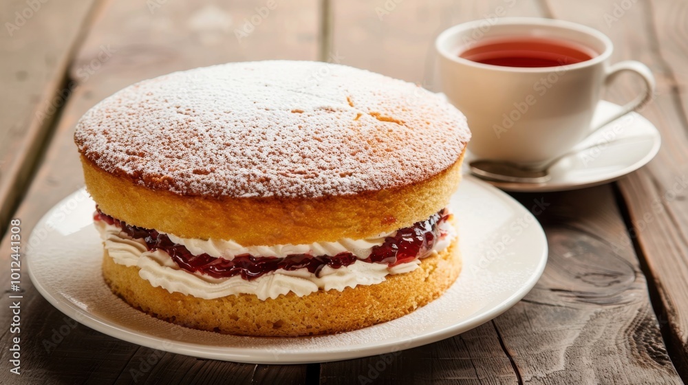 Delicious Cake with Cream and Jam Next to Tea Delicious Cake with Cream and Jam Next to Tea