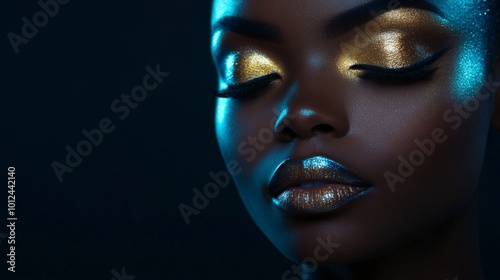 Close-up Portrait of a Woman with Gold and Blue Glitter Makeup