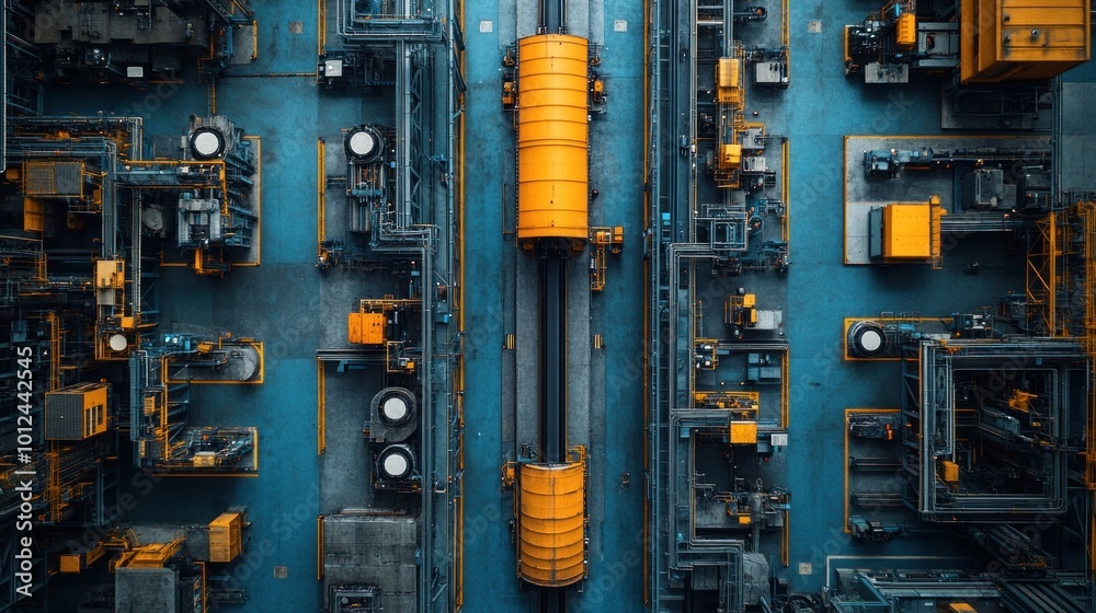 An aerial view of a factory floor with a large yellow industrial machine in the center, surrounded by various pipes, machinery, and equipment. An aerial view of a factory floor with a large yellow industrial machine in the center, surrounded by various pipes, machinery, and equipment.
