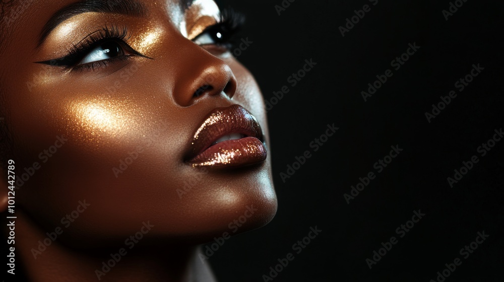 Close-up of a Woman's Face with Gold Makeup and Shimmering Lips Close-up of a Woman's Face with Gold Makeup and Shimmering Lips