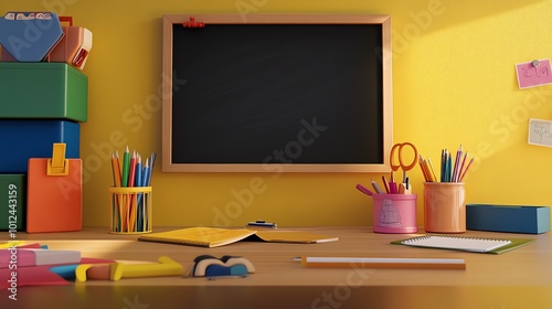 Colorful classroom desk with stationery, chalkboard, books, and supplies, creating an inspiring learning atmosphere. photo