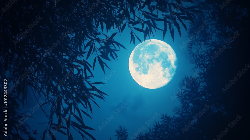 Fototapeta premium A large, bright full moon shines in the night sky, partially obscured by silhouetted tree branches.