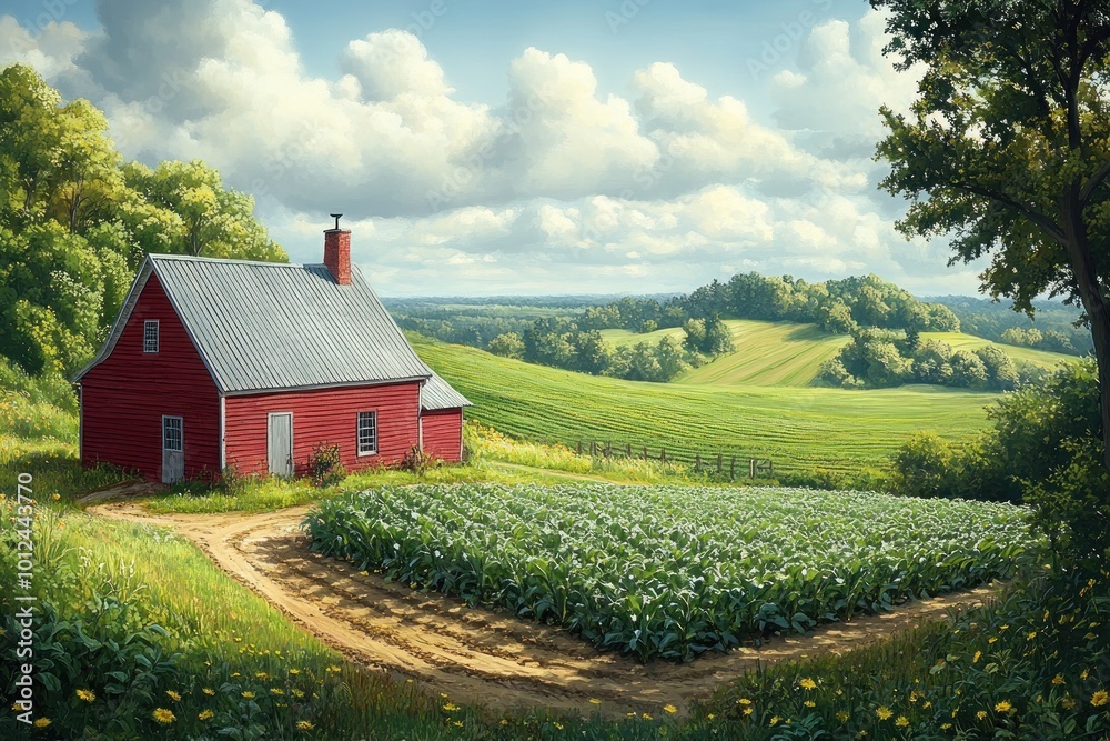 A red farmhouse stands on a hillside overlooking a field of green crops and rolling hills. A red farmhouse stands on a hillside overlooking a field of green crops and rolling hills.
