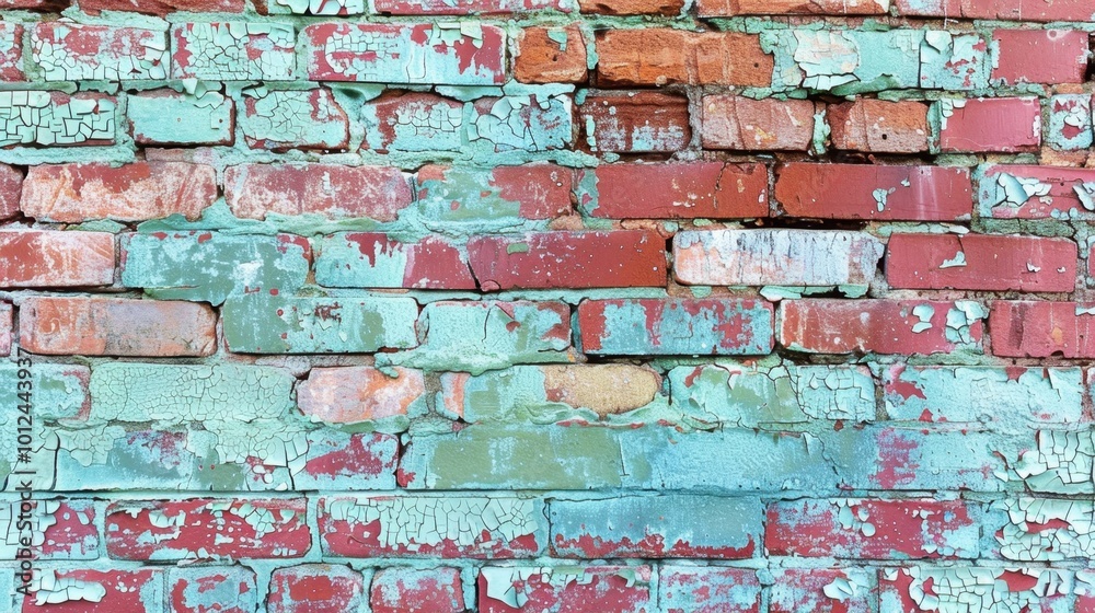 Fototapeta premium Vintage Cracked Brick Wall with Peeling Paint Texture