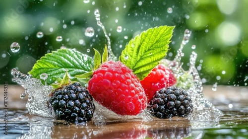 Close-up of fresh raspberries and blackberries splashing into water, droplets surrounding the fruit, highlighting their juicy, refreshing appeal.