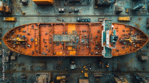 An aerial view of a large ship in a dry dock.