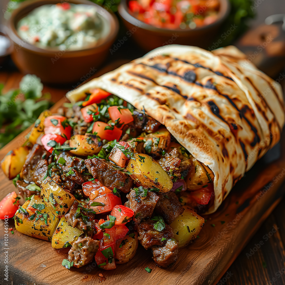 Grilled chicken shawarma with vegetables and herbs