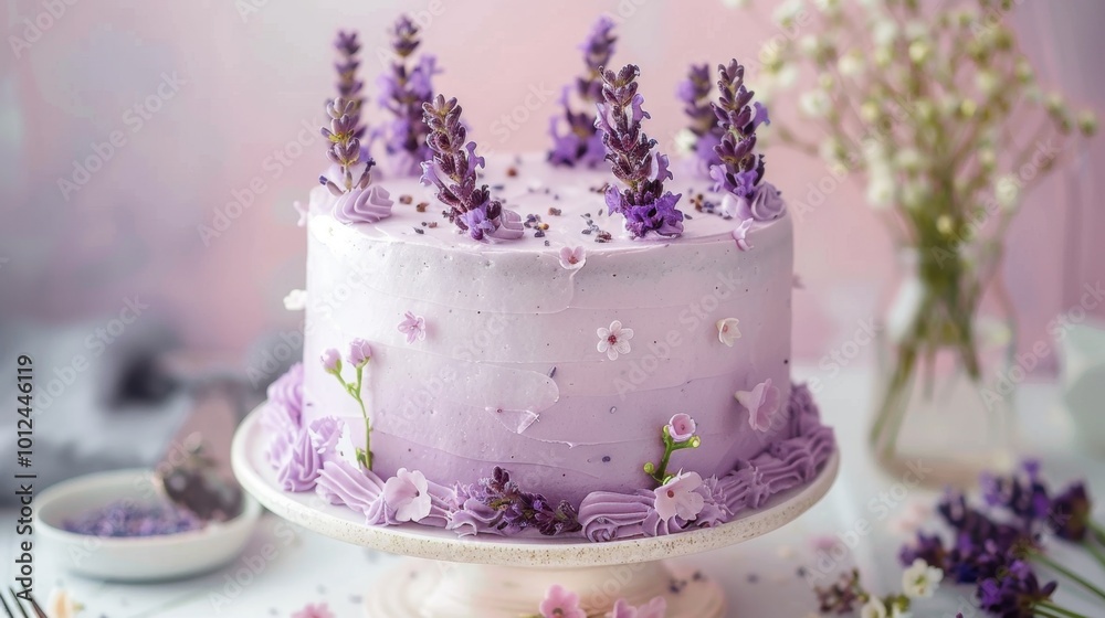 Fototapeta premium Elegant Lavender Floral Cake on Dessert Table