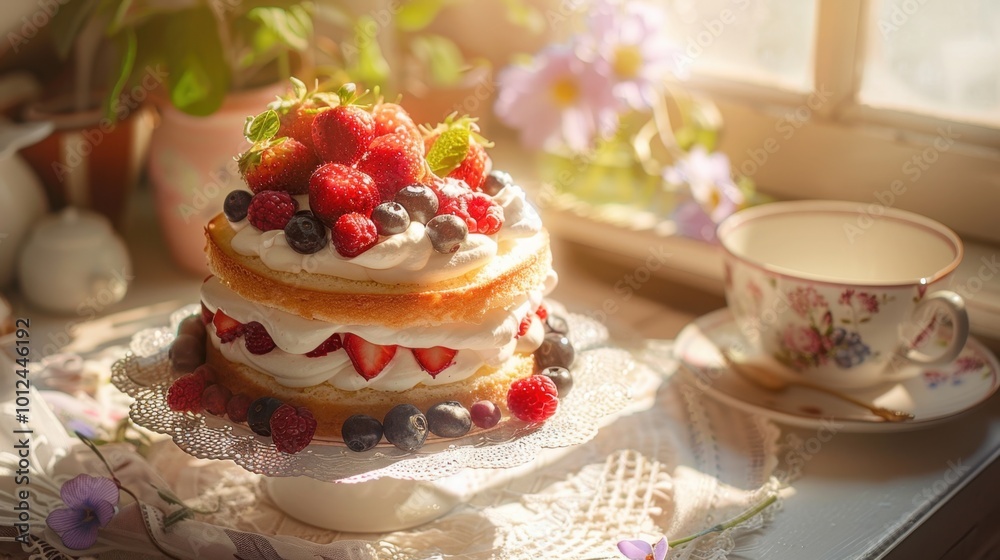 Fresh Berry Cake with Whipped Cream and Teacup Fresh Berry Cake with Whipped Cream and Teacup