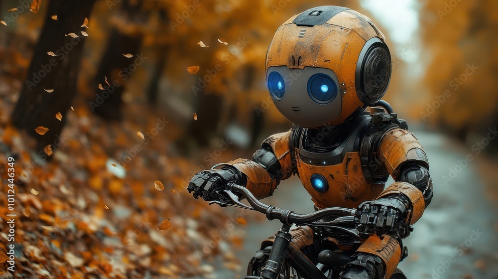 happy humanoid robot riding a bicycle through an autumn alley embodying emotional development and joy in technology the whimsical scene showcases the blend of nature and innovation happy humanoid robot riding a bicycle through an autumn alley embodying emotional development and joy in technology the whimsical scene showcases the blend of nature and innovation