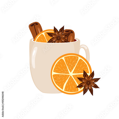 Illustration with cup of mulled wine with orange, cinnamon, anise cozy autumn or winter vector illustration hot drink Christmas mood 