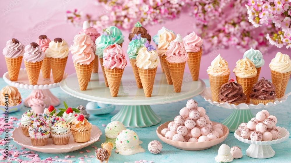 Colorful Ice Cream Cones and Sweet Treats Display Colorful Ice Cream Cones and Sweet Treats Display