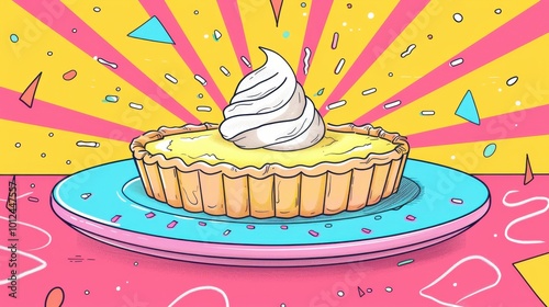 Delightful lemon tart with whipped cream on a colorful plate