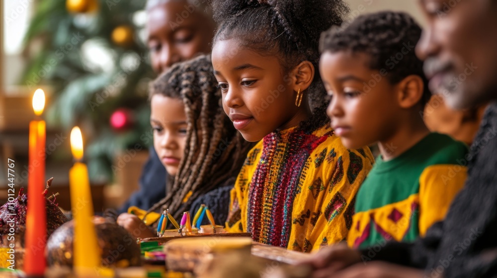 Children and adults gathered around a table with candles and decorations. Children and adults gathered around a table with candles and decorations.