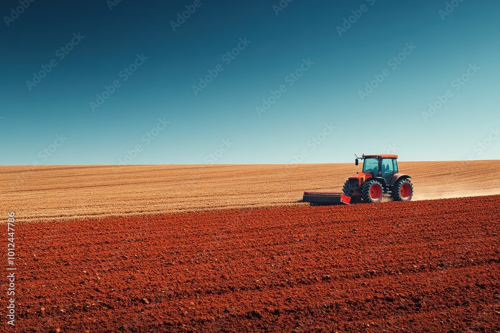 Fototapeta premium A red tractor plows a field of dirt under a clear blue sky.