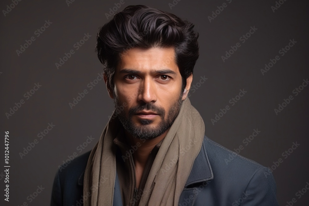Portrait of a handsome young man wearing coat and scarf over grey background Portrait of a handsome young man wearing coat and scarf over grey background