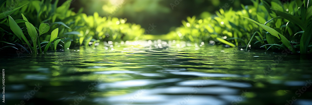 Serene Stream Flowing Through Lush Green Grass Background Serene Stream Flowing Through Lush Green Grass Background