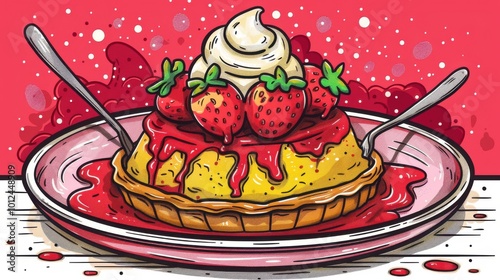 Delicious strawberry tart with cream on a vibrant background